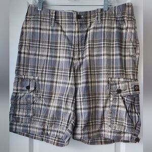 Eddie Bauer Mens Cargo Shorts 36 Plaid Army Beige Gray Brown Casual Hiking Golf